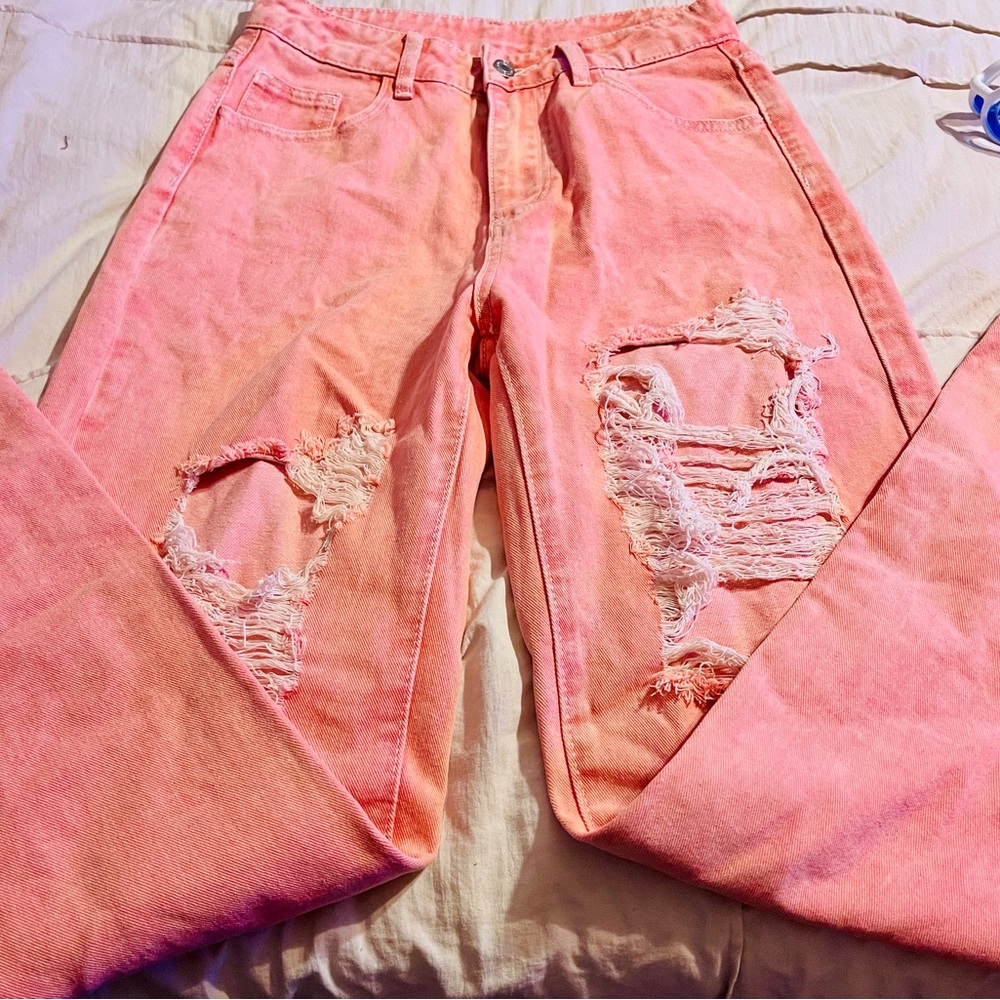 SHEIN Pink Distressed Wide-Leg Flare Jeans | NWOT-Condition, Bold & Trendy